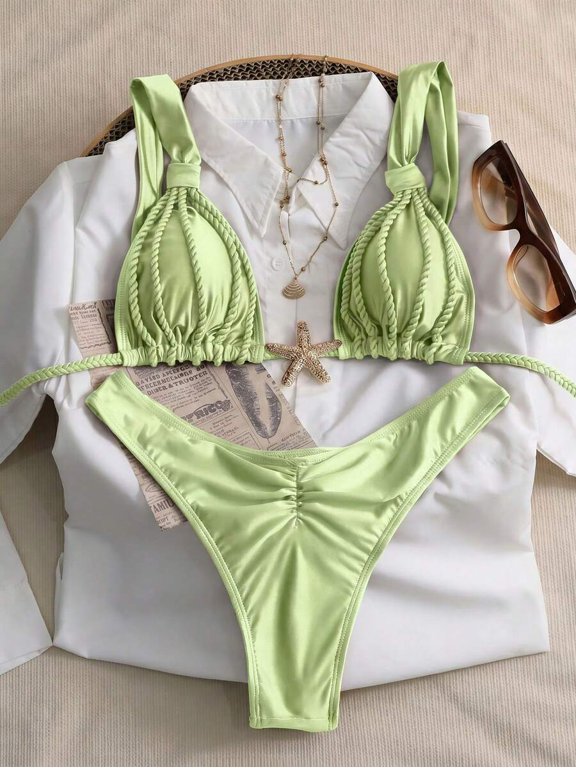 Mint Green Womens Two-Piece Bikini Set With Braided Straps, Ruched Detail, Tie-Side Bottoms For Beach Vacation