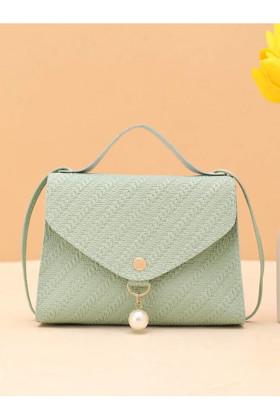 Mint Green Woven Texture Pearl Charm Crossbody Handbag