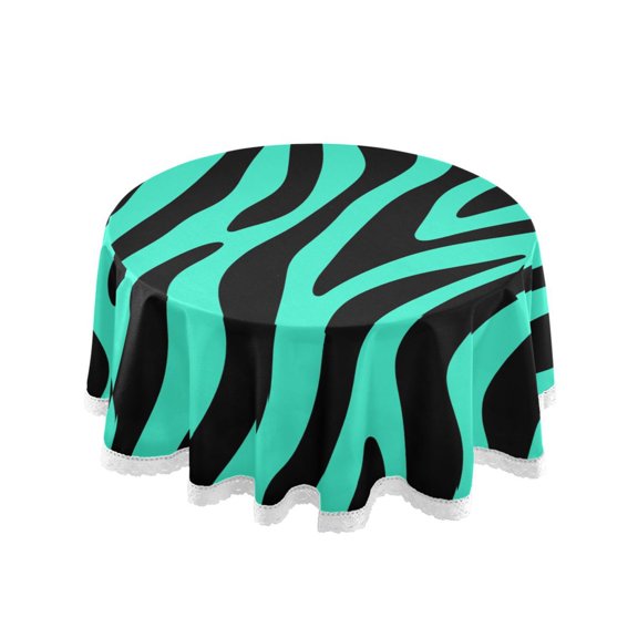 Mint Green Zebra Print Pattern Round Lace Tablecloth 60 Inch Polyester Wrinkle Resistant Decorative