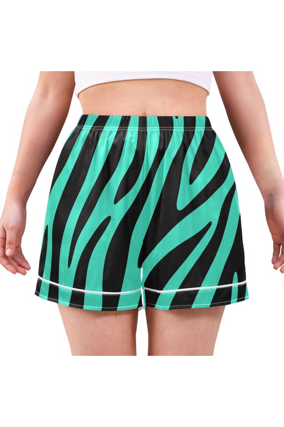 Mint Green Zebra Print Pattern Women's Pajama Shorts Silky Satin Casual Lounge Sleep Zero Pressure