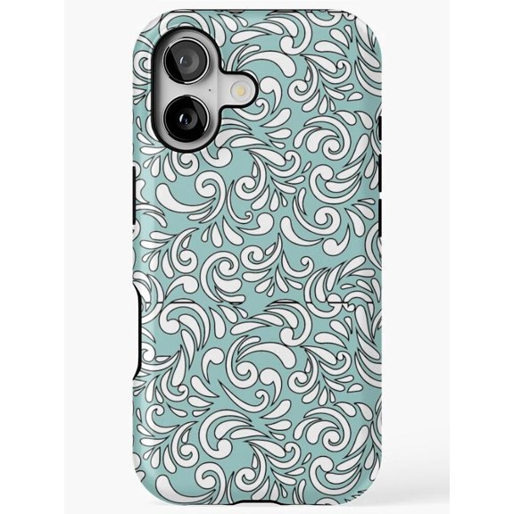 Mint Green and White Ornamental Leaf Scroll Tough Case for Apple iPhone, Dual-Layer Polycarbonate and TPU
