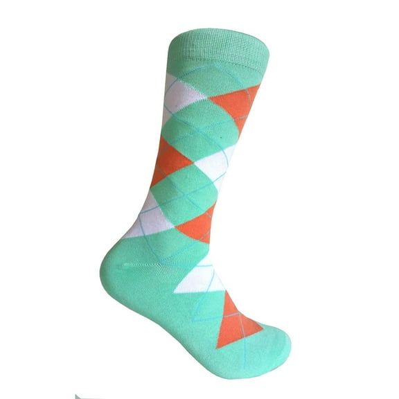 Mint Green with Orange and White Color Mid-calf Argyle Dress Casual Socks for Men