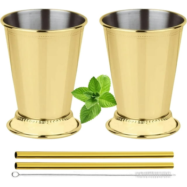 Mint Julep Cups Set of 2 with Straws Stainless Steel Mint Julep Cup