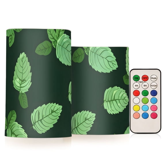 Mint Leaves Flickering Flameless Candles LED Tealight Battery Operated with Remote Set of 2 Holiday Decor Ornaments