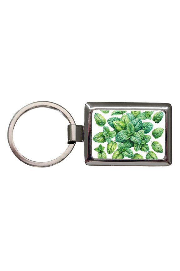 Mint Leaves Watercolor Metal Rectangle Keychain