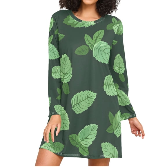 Mint Leaves Women's Long Sleeves Nightgowns Sleepwear Soft Pajama A-line Sleep Dress XL