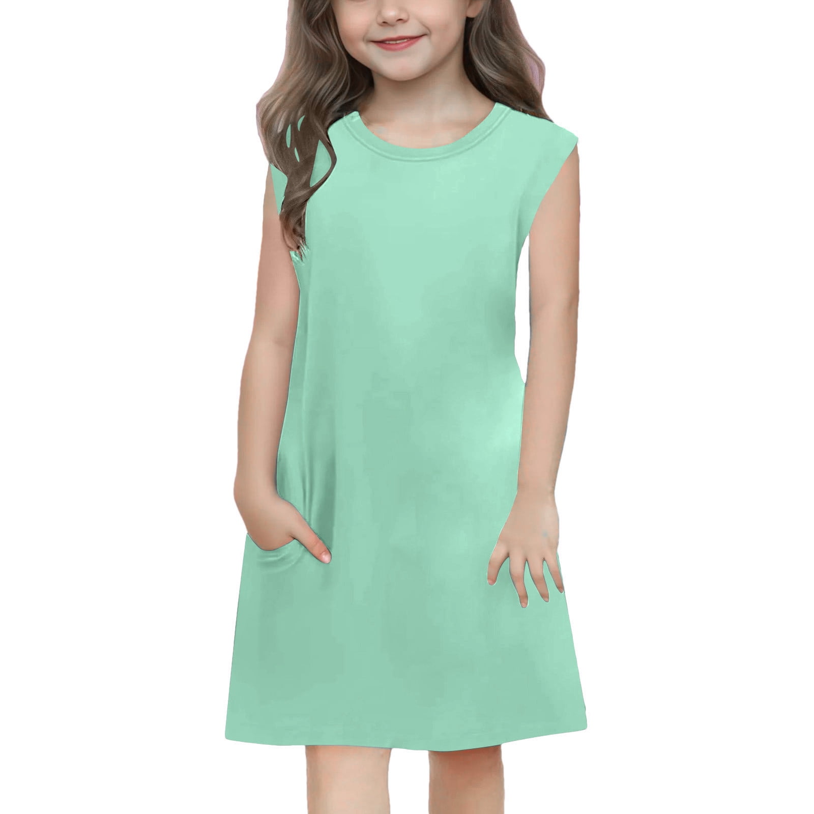 Girls Light Mint Green Solid Sleeveless Bodycon Summer Dress main image 1