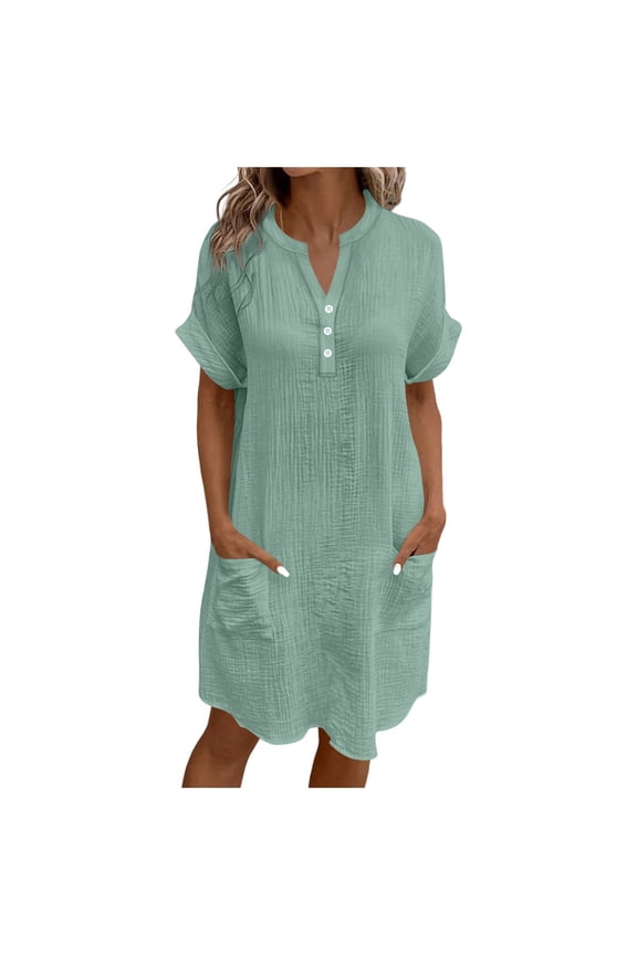 Mint Lime Green V Neck Dress for Teen Girls Summer Fall Short Sleeve Midi Knee Length Thin Plain Dress Womens Button Down 2025 Clothing Regular Fit Country Concert XXL