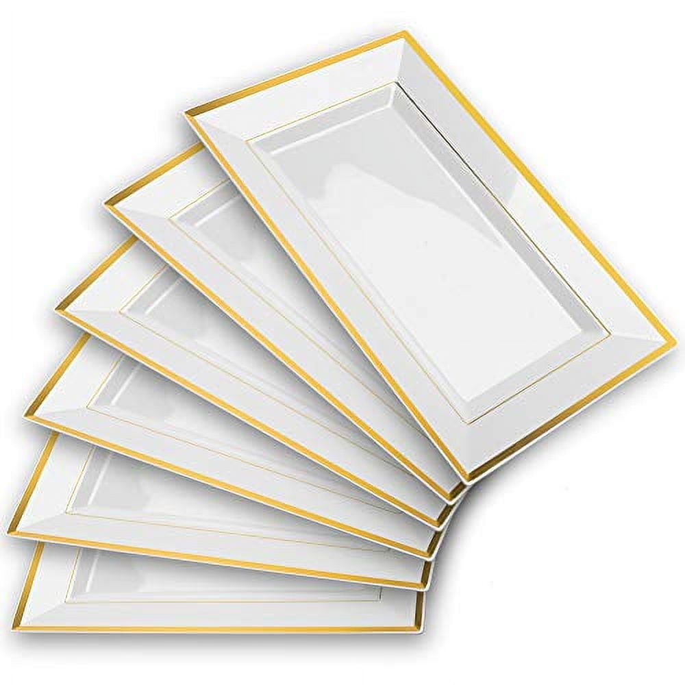 Elegant White and Gold Rim Plastic Serving Tray Set (6 Pack)