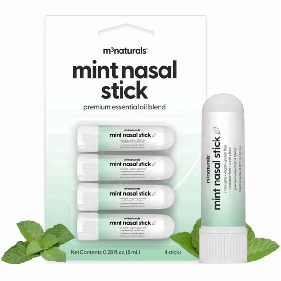 M3 Mint Aromatherapy Nasal Inhaler, Eucalyptus & Mint Scent, Portable Non-Medicated Inhaler, 4 Pack