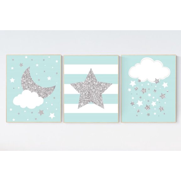 Mint Nursery Prints Silver Glitter Moon Star Cloud Set
