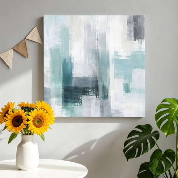 Mint Paint Patch Canvas Wall Art, Abstract Minimalist Green Gray Block Scratch Framed Picture Canvas Wall Art Print Decor Artwork Decorations for Living Room Bedroom Ready to Hang 8" x 8"