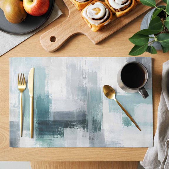 Mint Paint Patch Placemats Set of 4, Abstract Minimalist Green Gray Block Scratch Heat Insulated Linen Place Mats, Washable Stain-Proof Table Mats for Dining Tables Holiday Decor 13x19 Inches