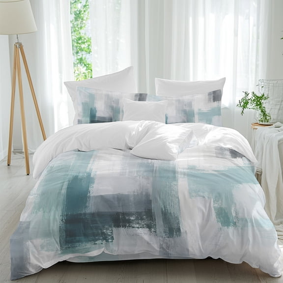 Mint Paint Patch Queen Duvet Cover Set, Abstract Minimalist Green Gray Block Scratch 4 Piece Microfiber Bedding Set with Zipper Closure, Bed Sheet and 2 Pillow Shams, Soft Bedding Cover