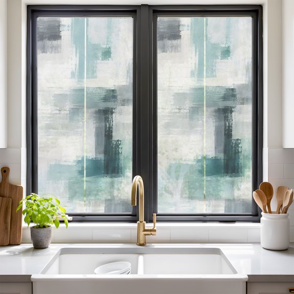 Mint Paint Patch Window Privacy Film Abstract Minimalist Green Gray Block Scratch Non Adhesive Window Cling Stickers Static Cling Glass Decals for Home Party Decoration 17.7 x 39.3 in
