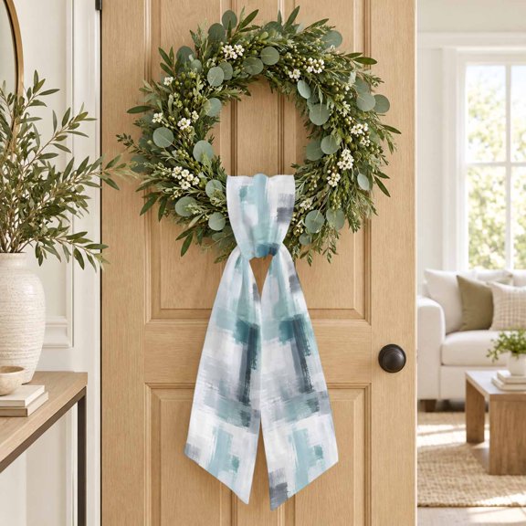 Mint Paint Patch Wreath Sash, Abstract Minimalist Green Gray Block Scratch Decorative Ribbon Wreath Sash for Front Door, Porch Indoor Holiday Decor