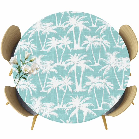 Mint Palm Tree Summer Round Tablecloth 45-54 Inch Round Fitted Table Cloth with Elastic Edge, Beach Tropical Botanical Coastal Waterproof Table Cover Protector for Outdoor Picnic Party Dining