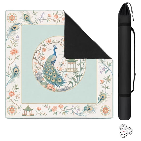Mint Peacock Pavilion Floral Mahjong Mat 31.5x31.5 Inch | Non-Slip And Noise Reduction Mah Jong Table Mat Cover with Carrying Bag For Mahjong Lovers, Poker, Board Games And Dominoes