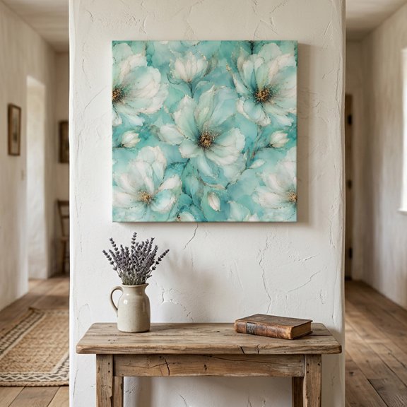 Mint Peony Canvas Wall Art for Living Room Bedroom Bathroom, Rustic Floral Watercolor Flower Golden Line Botanical Canvas Art Wall Decor, Artwork for Walls Home Office Decor, 8"x8"