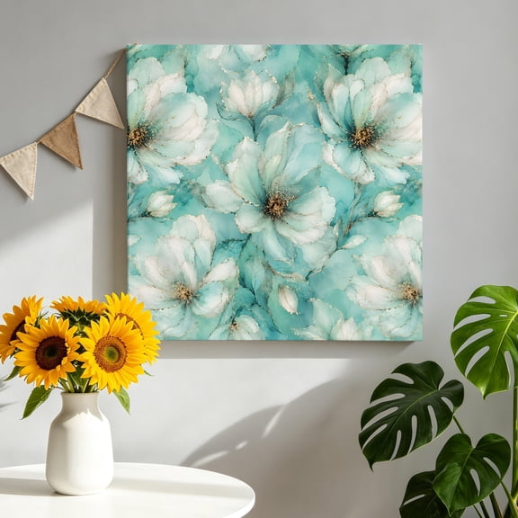 Mint Peony Canvas Wall Art for Living Room, Rustic Floral Watercolor Flower Golden Line Botanical Poster Print Painting for Bedroom Office Home Decoration Wall Pictures Prepare To Hang 8"x8"