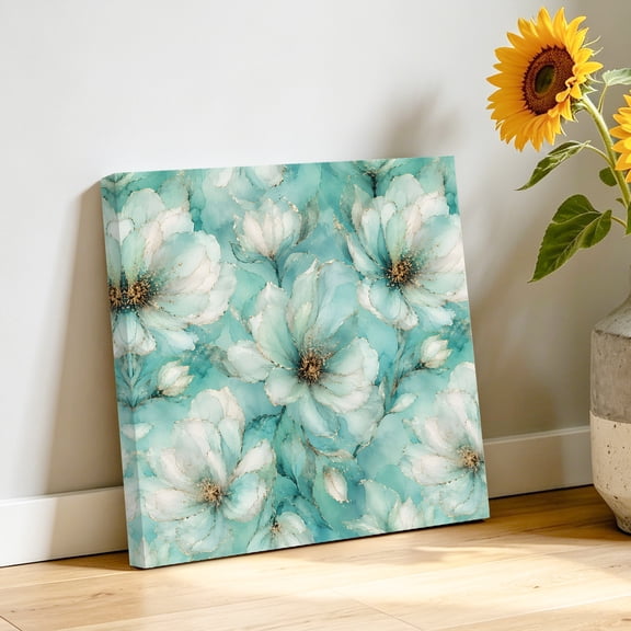 Mint Peony Canvas Wall Art, Rustic Floral Watercolor Flower Golden Line Botanical Pictures Wall Decor Wooden Framed Artwork Art Prints for Living Room Hallway Bedroom Office 8"x8"