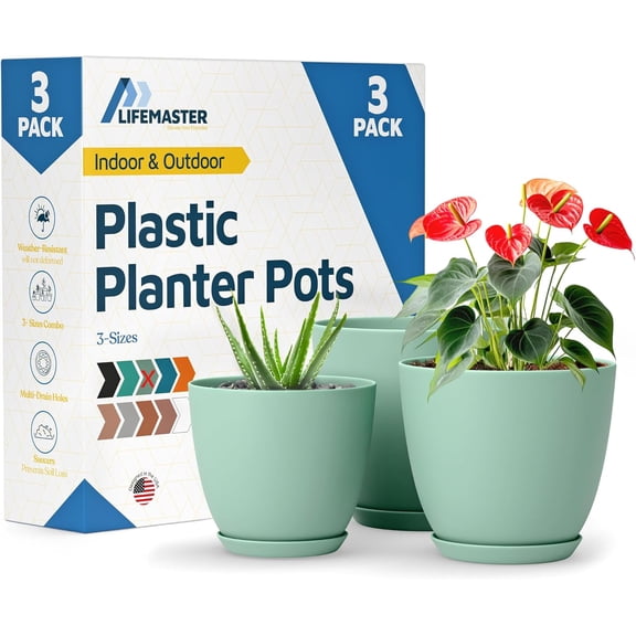 Mint Plant Pots with Drainage Holes & Saucers 3 Packs, Indoor & Outdoor Stackable Plastic Planters in Multiple Sizes for Houseplants & Flowers, Durable & Weatherproof Materials, Matte Finish