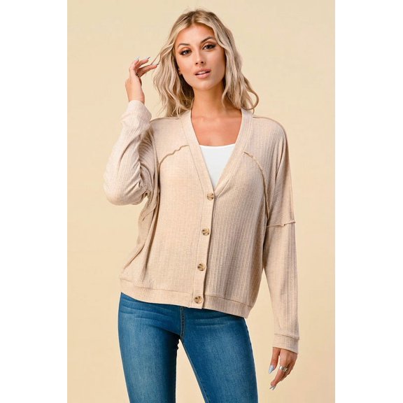 Mint Plus Pink - Cozy V-Neck Semi-Ribbed Knit Cardigan - Rayon Fabric, Gray & Oatmeal