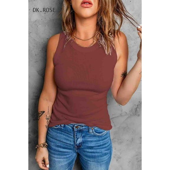 Mint Plus Pink - Round Neck Sleeveless Tank Top - 6 Sizes, Casual Summer Ribbed Tops in Polyester/Spandex Blend