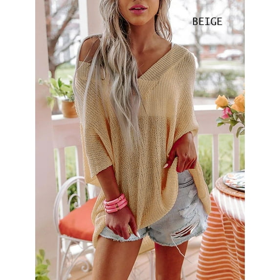 Mint Plus Pink - Women's V Neck Waffle Knit Shirts | 6 Colors & 6 Sizes | Off-Shoulder Tops beige-m