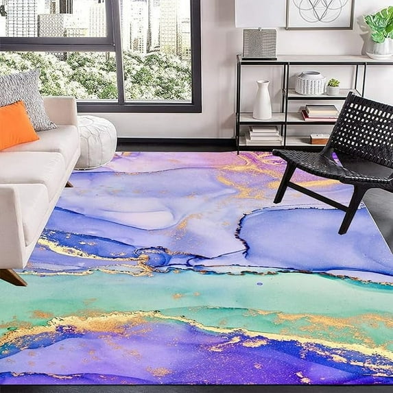 Mint Purple Marble Pattern Area Rug For Living Room Bedroom, Modern Abstract Soft Washable Carpet, Indoor Decorative Rug With Non-Slip Backing 5 x 6ft