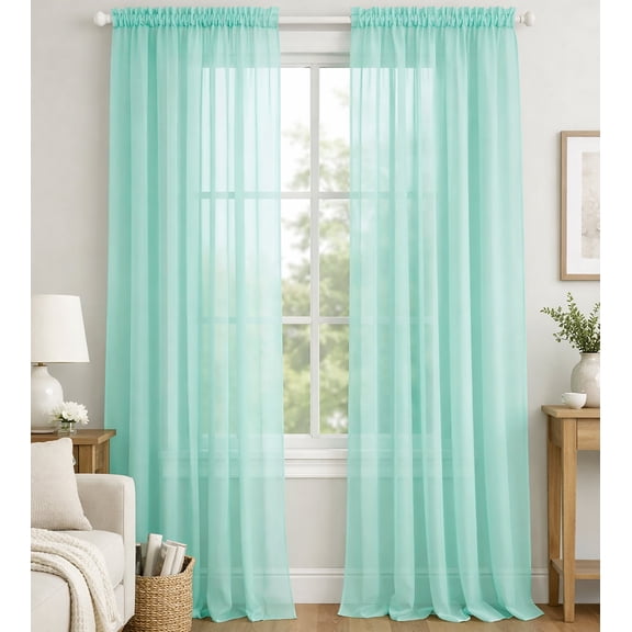 Mint Sheer Window Rod Pocket Curtain Set - 90" Inches Long (2 Panels)