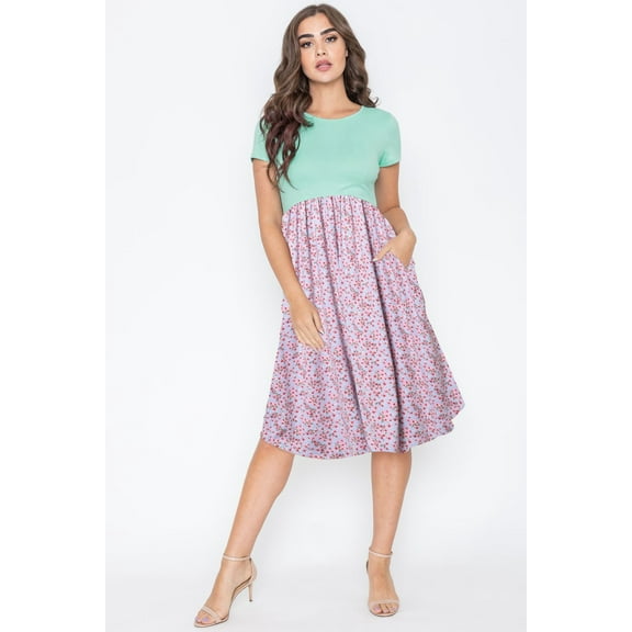 Mint Short Sleeve Contrast Blue Ditsy Floral Midi Dress_Plus