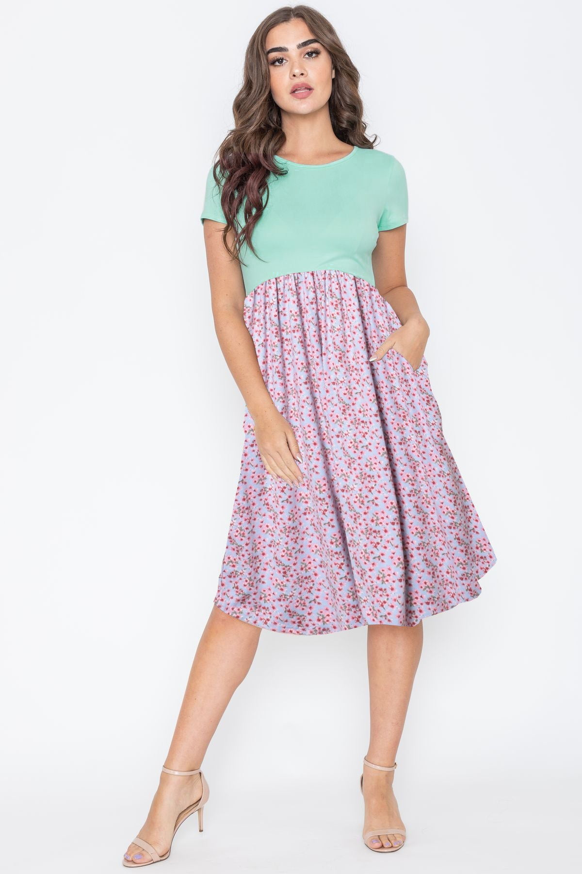 knee length dresses for ladies Sky Blue Ditsy Floral Square Neck Ruffle Hem Midi Dress Medium