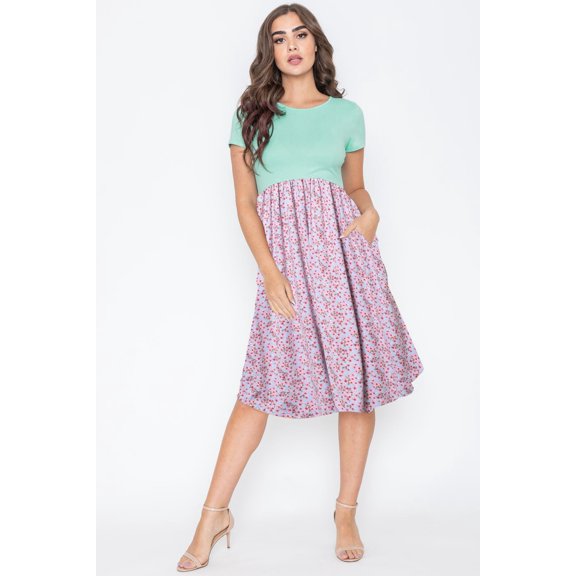 Mint Short Sleeve Contrast Blue Ditsy Floral Midi Dress