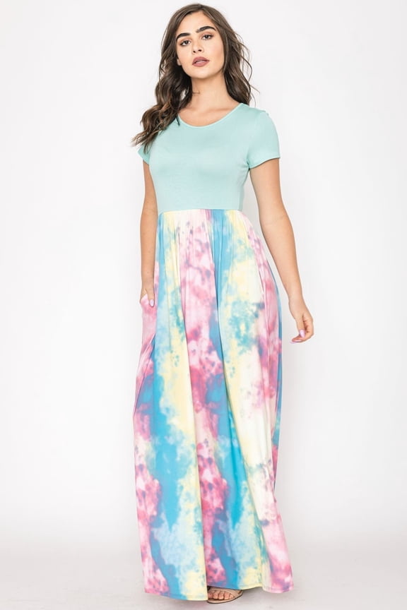 Mint Short Sleeve Pastel Tie Dye Maxi Dress