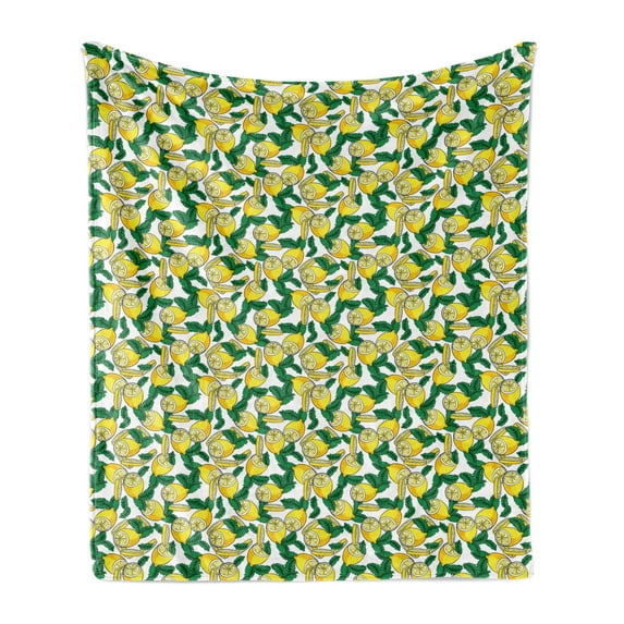 Mint Soft Flannel Fleece Blanket, Hipster Modern Lemon Leaves Freshness Fruit Healthy Tropical Illustration, Cozy Plush for Indoor and Outdoor Use, 50" x 70", Green Yellow and White, by Ambesonne