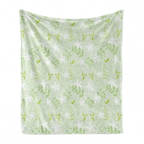 Mint Soft Flannel Fleece Throw Blanket, Swirling Floral Branches with Leaves and Flower Florets Nature Print, Cozy Plush for Indoor and Outdoor Use, 50" x 70", Fern Green White, by Ambesonne