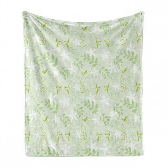 Mint Soft Flannel Fleece Throw Blanket, Swirling Floral Branches with Leaves and Flower Florets Nature Print, Cozy Plush for Indoor and Outdoor Use, 60" x 80", Fern Green White, by Ambesonne