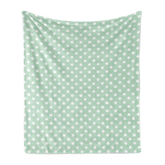 Mint Soft Flannel Fleece Throw Blanket, Vintage Style Polka Dots on a Retro Background Classic Circles Pattern, Cozy Plush for Indoor and Outdoor Use, 50" x 70", Almond Green and White, by Ambesonne