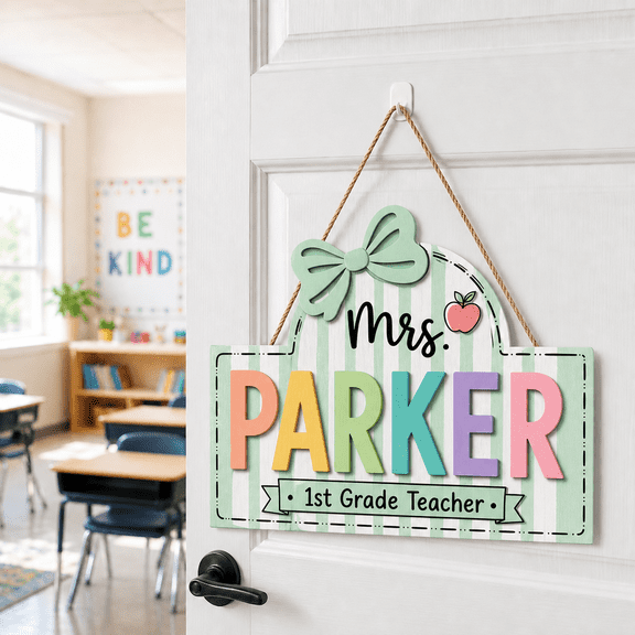 Mint Striped First Grade Teacher Name Wooden Sign Door Hanger