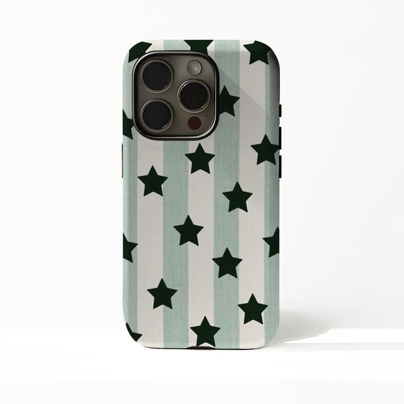 Mint Striped Star Tough Phone Case for iPhone, Glossy Shockproof Dual Layer Protective Cover, Wireless Charging Compatible Gift for Women