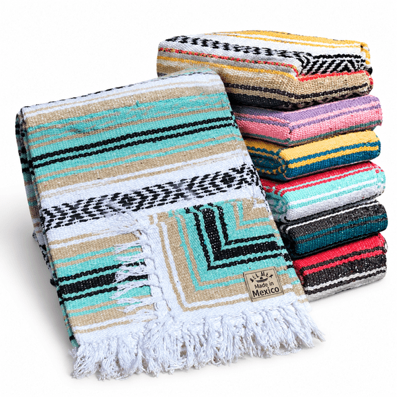 Mint/Tan Woven Falsa Throw Blanket 70"x50" Handmade Southwest Decor for Yoga and Outdoors