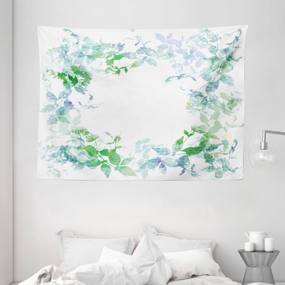 Mint Tapestry, Floral Spring Wreath in Watercolor Paintbrush Stylized Hazy Effects Artful Image, Wall Hanging for Bedroom Living Room Dorm Decor, 80W X 60L Inches, Seafoam Violet, by Ambesonne