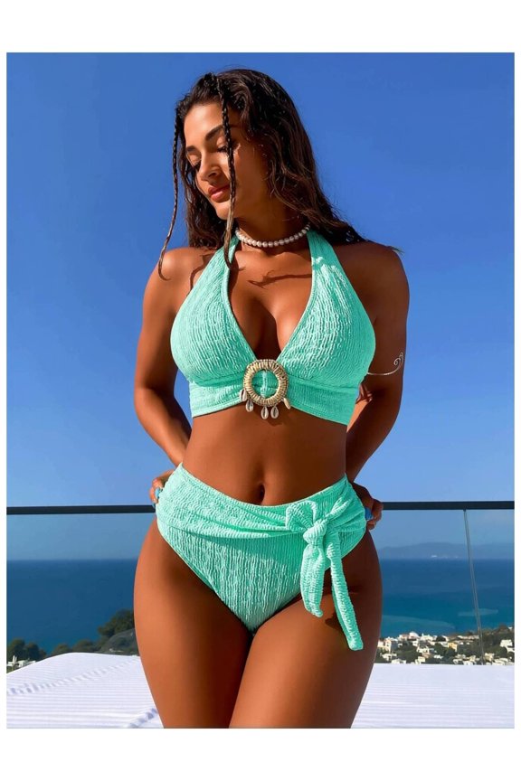 Mint Textured Halter Bikini Set - Ornamented High-Waisted Swimsuit with Stretchy Fabric