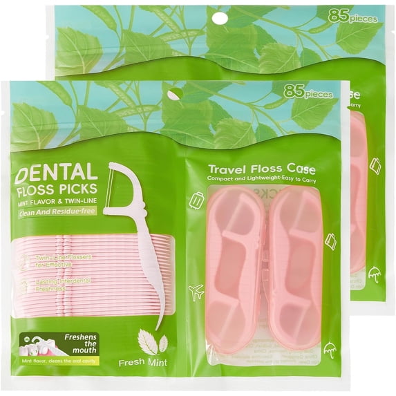 Mint Toothpicks Dental Flossers - Twin-Line Tooth Floss Picks for Adults, Flossers 170 Count with 4 Mini Travel Floss Case, Compact & Resealable for Easy Storage at Home or On-The-Go(Pink)