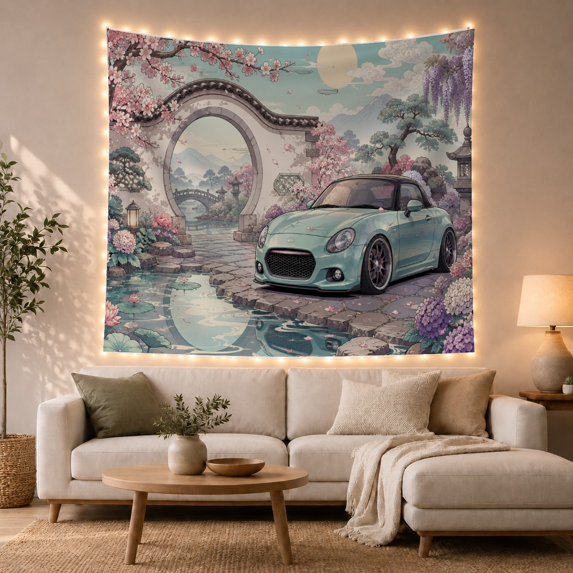 Mint Vintage Car in Japanese Garden, Dreamy Digital Art for Car Enthusiasts, Garden Art Decor, Housewarming Gift Tapestry Wall Hanging for Bedroom and Living Room