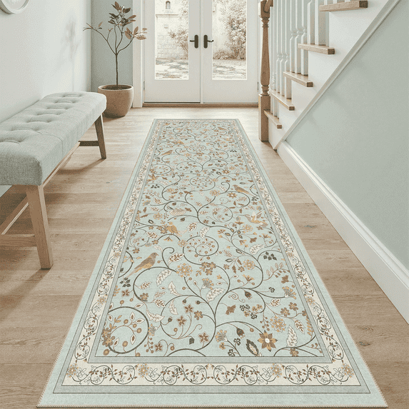 Mint Vintage Floral 2x6 Runner Rug, Machine Washable Botanical Bird Rug Non Slip Soft Low Pile Backing Hallway Runner Rug for Entry, Front Door-Green