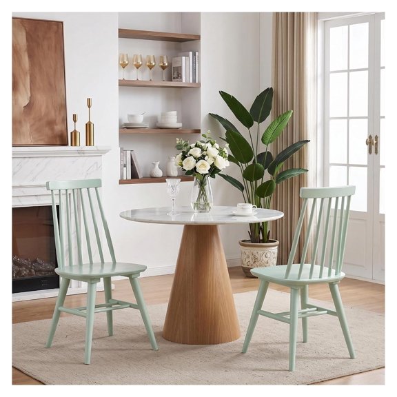 Mint Wooden Dining Chairs Set of 2, Solid Malaysian Wood Side Chairs with Slat Back, Country Modern Farmhouse Kitchen Counter Stools for Breakfast Nook and Home Decor