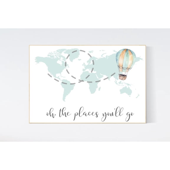 Mint World Map Nursery Print Travel Theme Baby Room Decor