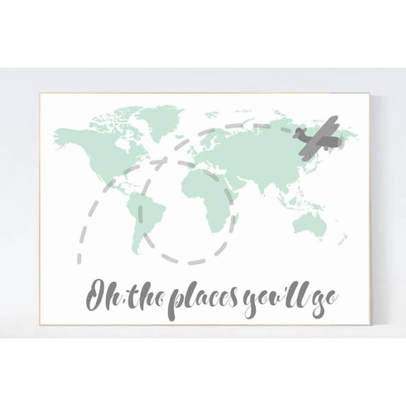 Mint World Map Nursery Travel Decor Wall Art